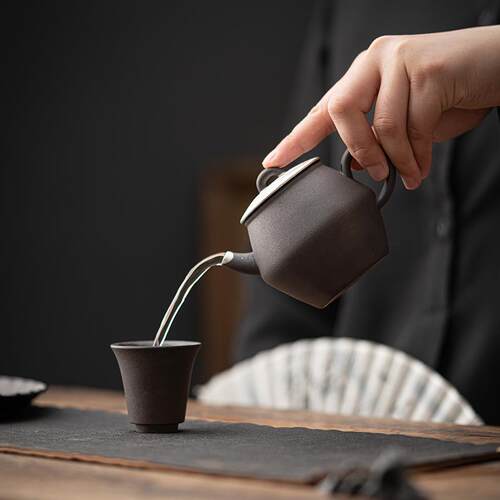 空寂斋古风壶老岩泥壶捂灰泡茶壶家用茶具办公室复古陶瓷鎏银单壶