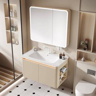 奶油风蜂窝铝浴室柜组合卫生间陶瓷一体洗手洗脸盆智能美妆带侧柜