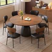 中古风实木餐桌复古风圆桌家用小户型法式 白蜡木圆形餐桌椅组合