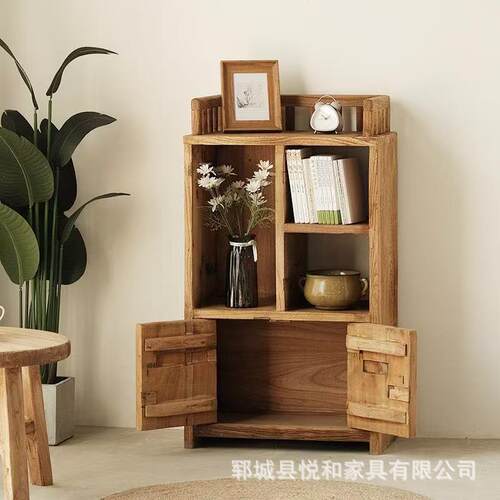老榆木复古落地书柜家居原木储物柜简约客厅小型博古架新中式斗柜