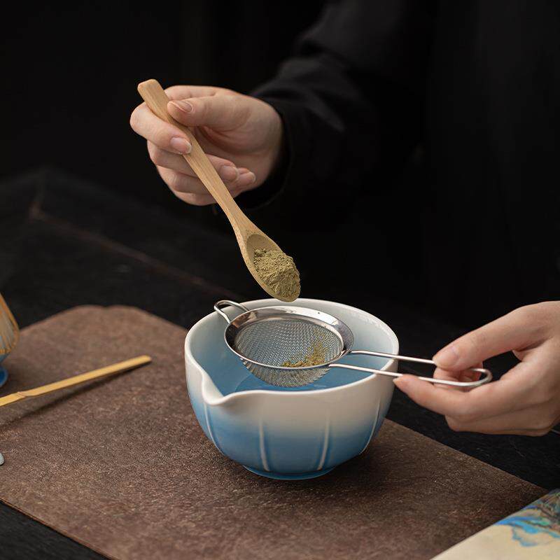 创意瓜棱抹茶八件套渐变陶瓷抹茶碗茶刷托粉筛过滤配件打沫搅拌器