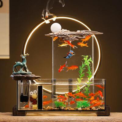 家用客循环流水鱼缸厅摆态件创意电视柜办面公室桌玻璃XIU造景生