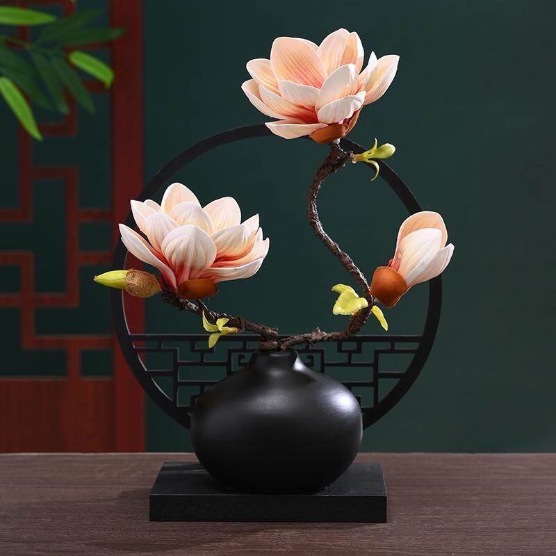 中式陶瓷彷真玉兰花假花花瓶插花客厅展柜电视柜装饰摆饰套装摆放