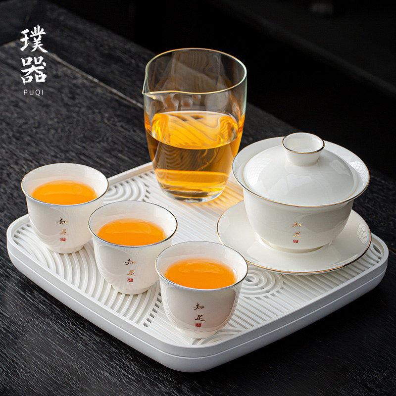 景德镇羊脂玉白瓷三才盖碗茶杯套装个人专用不烫手泡茶碗高档一人