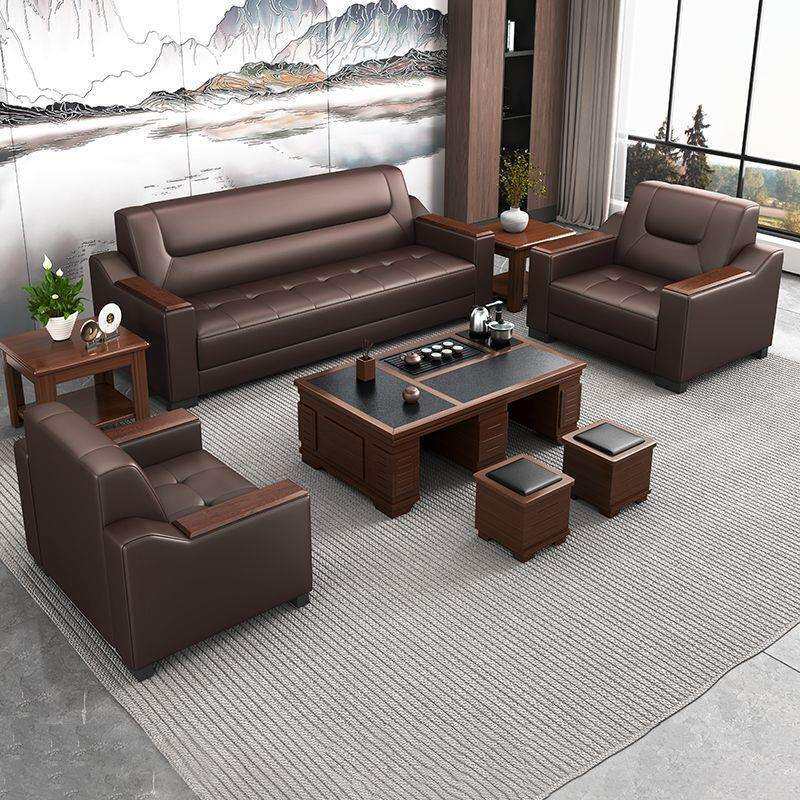 真皮办公室沙发简约现代商务会客接待休闲三人位茶几组合套装皮艺