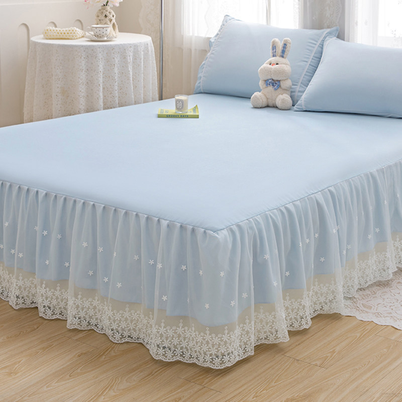 2025款水洗棉床裙单件双人公主风蕾丝花边纯色床罩带裙边防滑床单