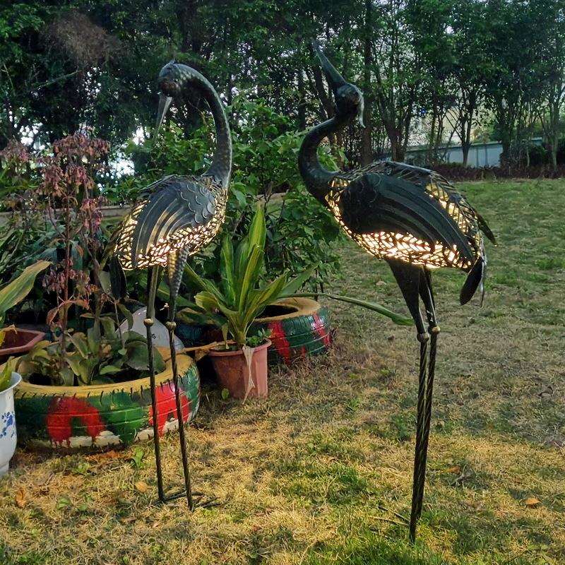 外贸热销户外庭院家居花园金属工艺品太阳能灯铁艺动物鹤落地摆件