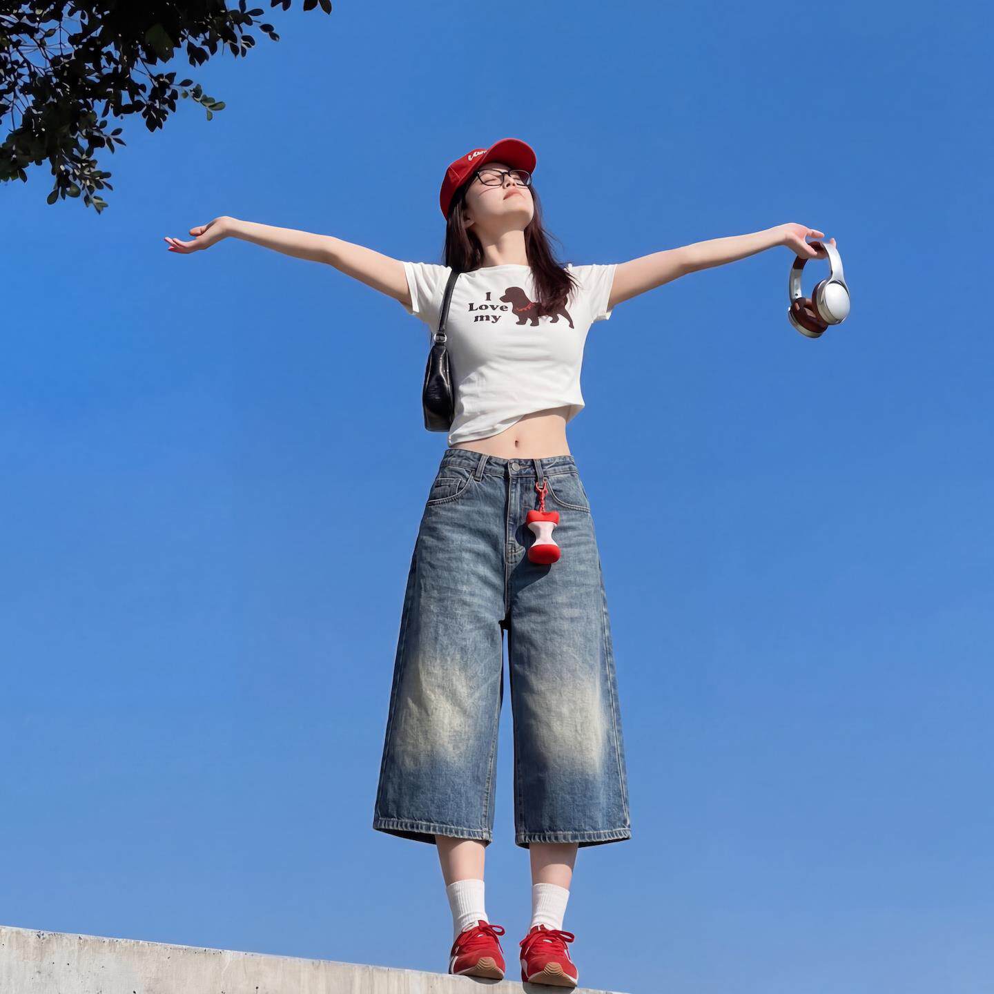 美式复古七分牛仔短裤女夏季薄款配马丁靴高腰宽松百搭直筒阔腿裤