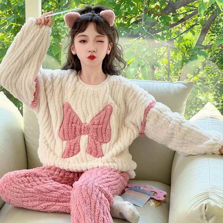 儿童珊瑚绒睡衣套装秋冬季2024新款女童法兰绒家居服宝宝加厚