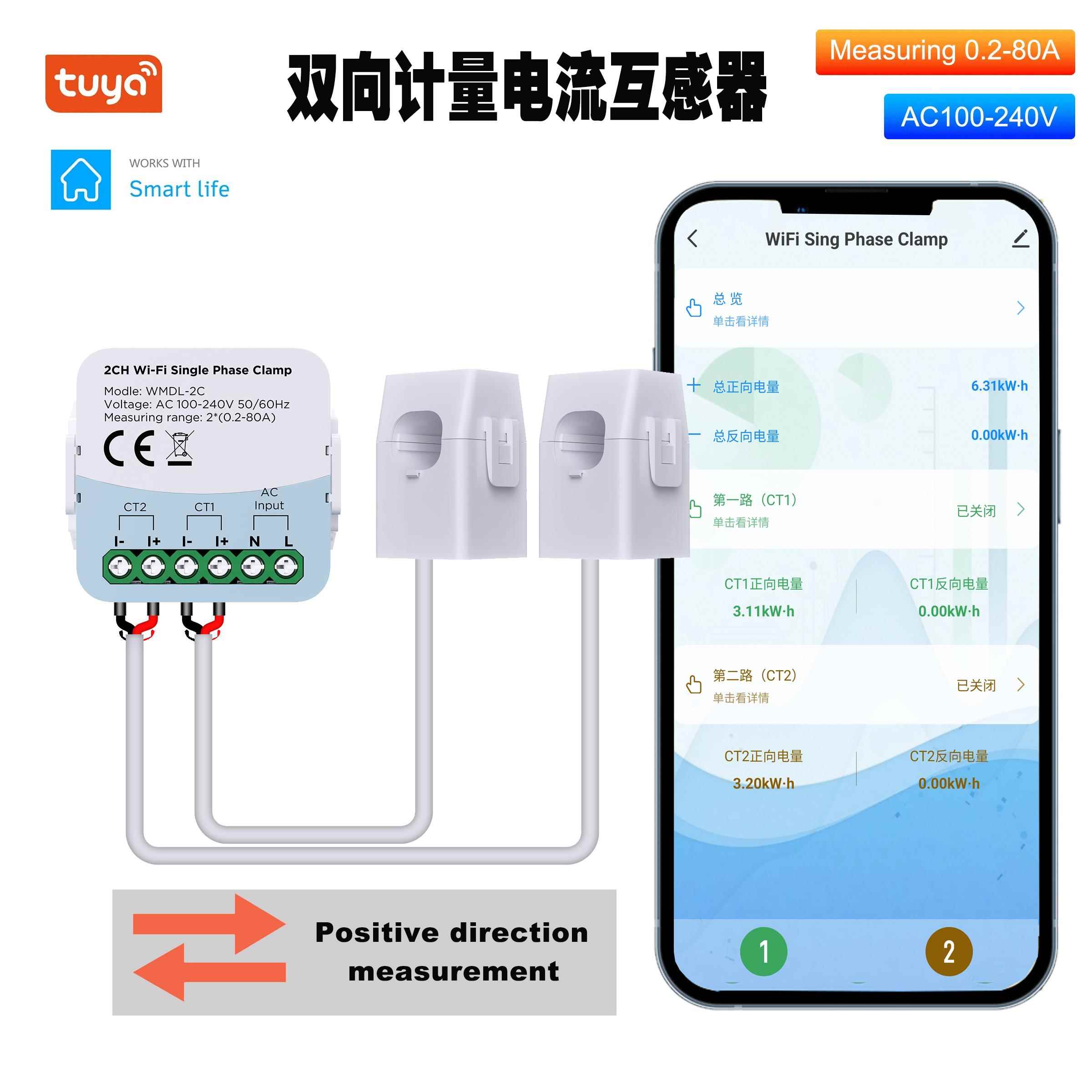 涂鸦WIFI智能电流互感器双向检测电能表太阳能发耗电家用电量统计