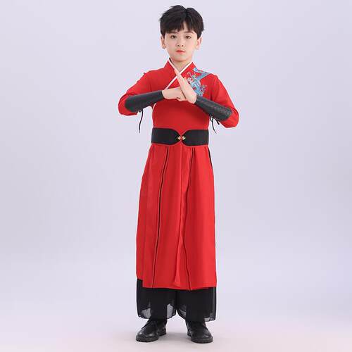 新款儿童雪吟龙舞表蹈演客出服天地乾坤侠风扇子舞红昭古装少年志