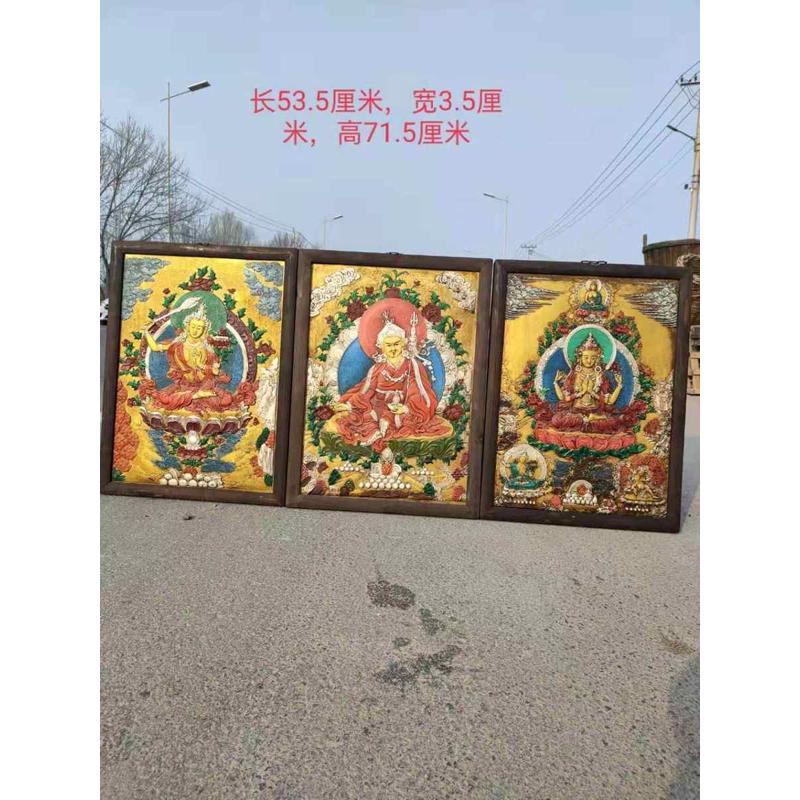 老实木框架唐卡宗教挂饰彩绘浮雕古董古玩老货老物件壁画摆件佛祖