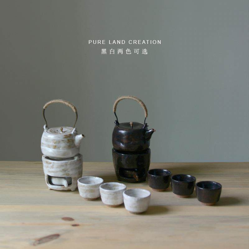 粗陶手工茶具套装日式温茶加热提梁壶三杯陶瓷炉子创意茶器套组