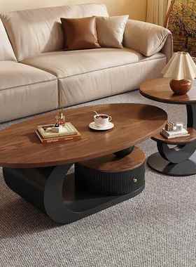 中古师风轻奢胡桃色茶几厅计家用椭圆形茶BNX桌组合客简约现代设