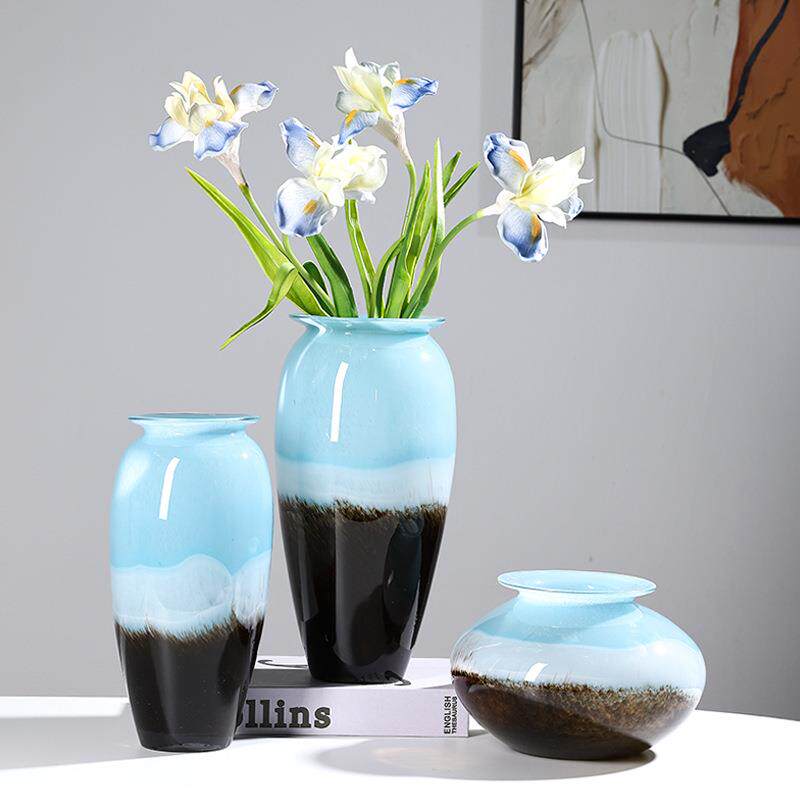 蓝白黑混彩条纹渐变玻璃花瓶摆件高档家居样板间软装饰品花器摆件