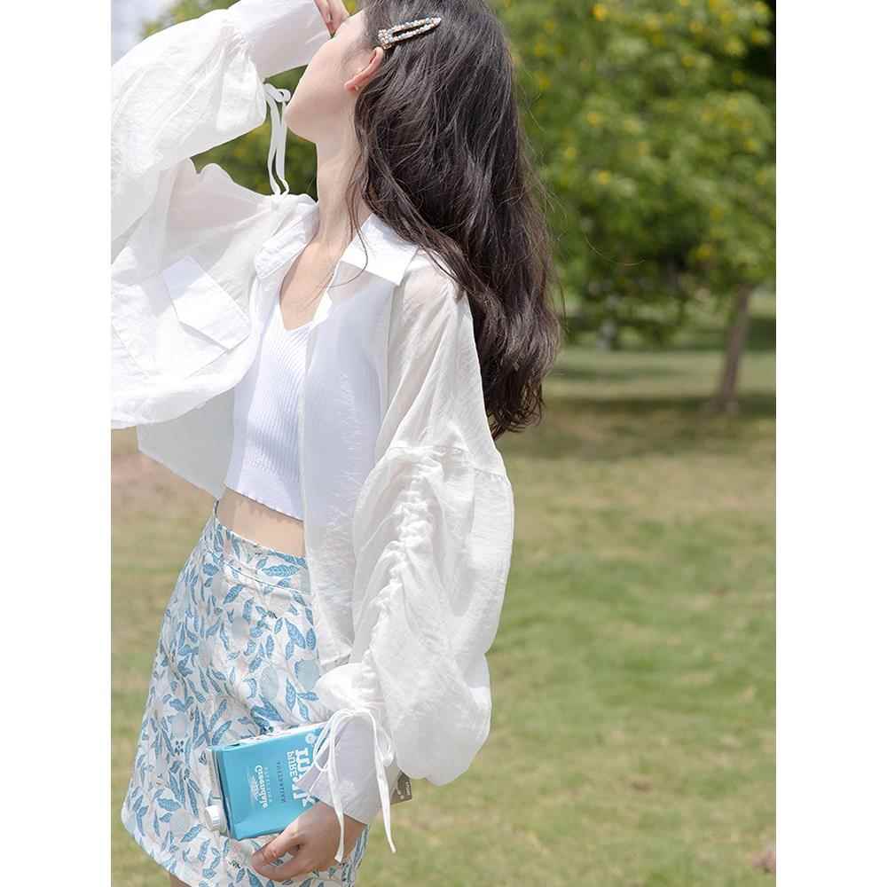 冰丝雪纺防晒衣女夏季配吊带外搭衬衣薄纱小披肩开衫薄款衬衫外套
