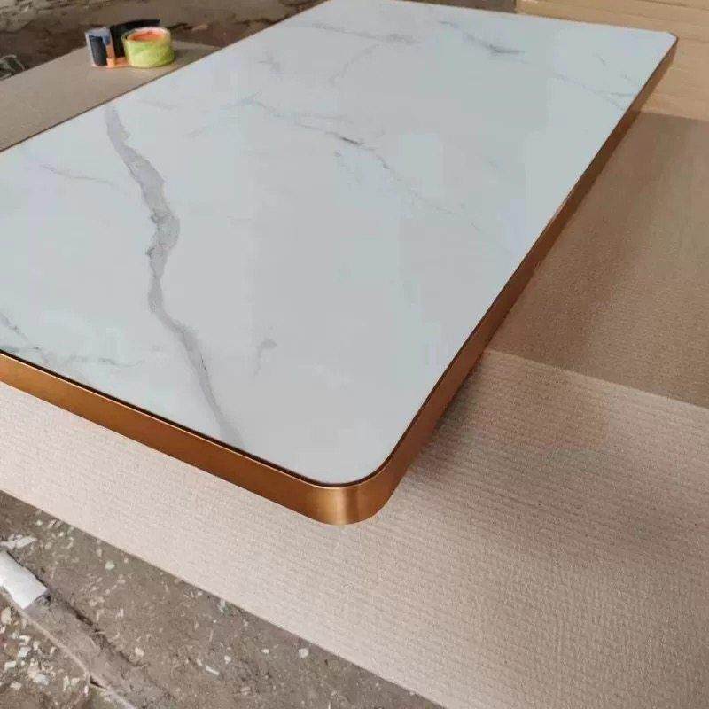 轻奢岩板加厚钛金铝合金包边理石纹长方形单桌面防水不锈钢餐台面