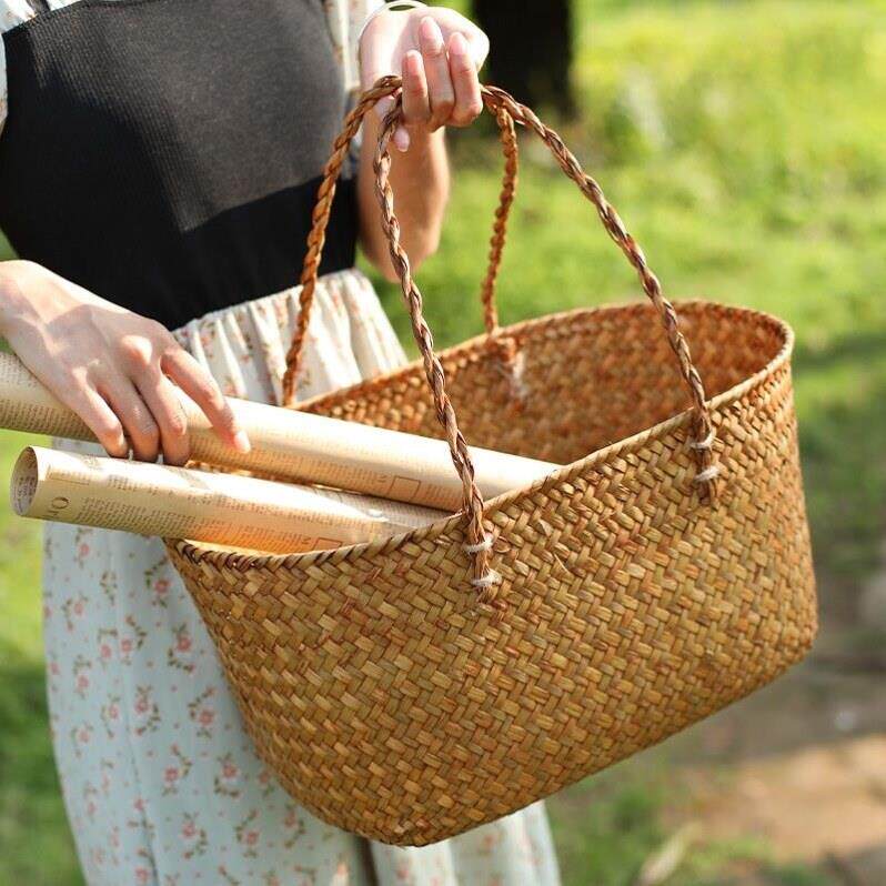 竹编菜篮子手提篮藤编织竹篮子收纳筐野餐露营手提草编购物篮子