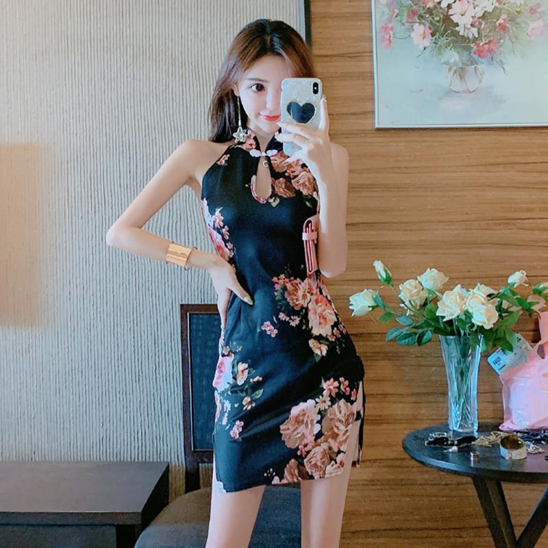 复古立领无袖短旗袍黑花色性感包臀连衣裙小女人风日常印花旗袍
