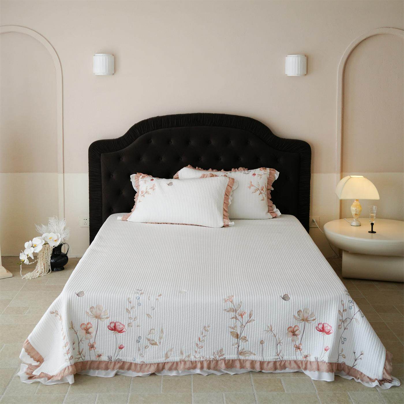 60支凉感植物纤维绿野仙踪花卉刺绣床盖少女风荷叶蕾丝边绣花夏被