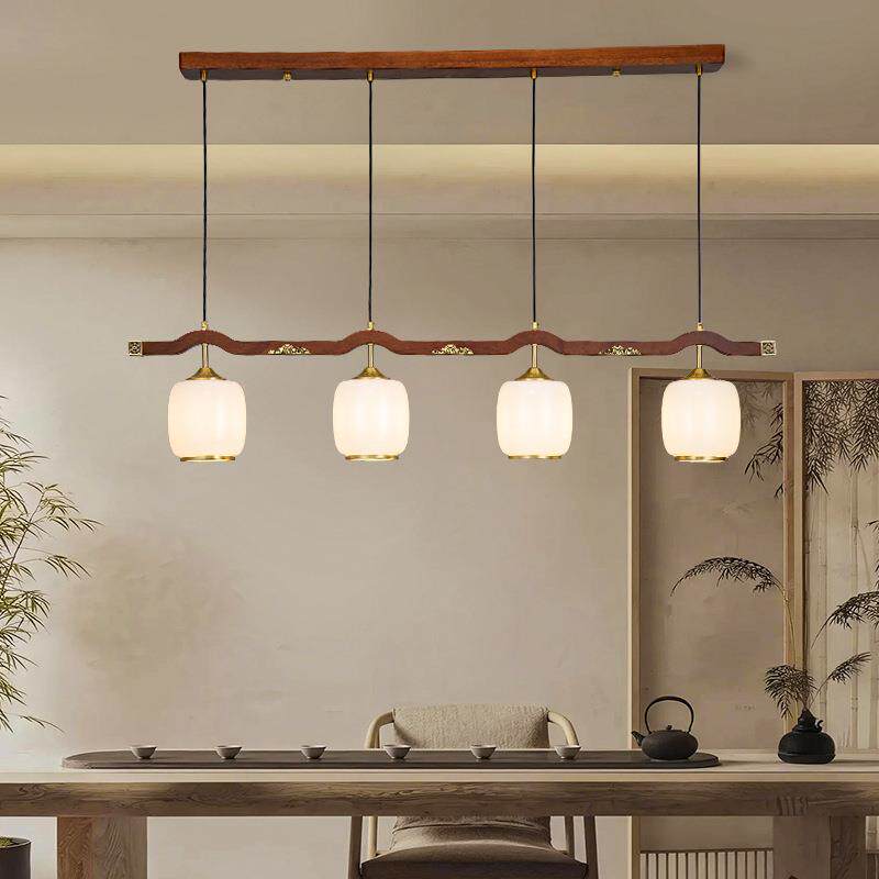 新中式餐厅吊灯全铜实木禅意茶室餐桌吧台灯三头长条饭厅灯具6338