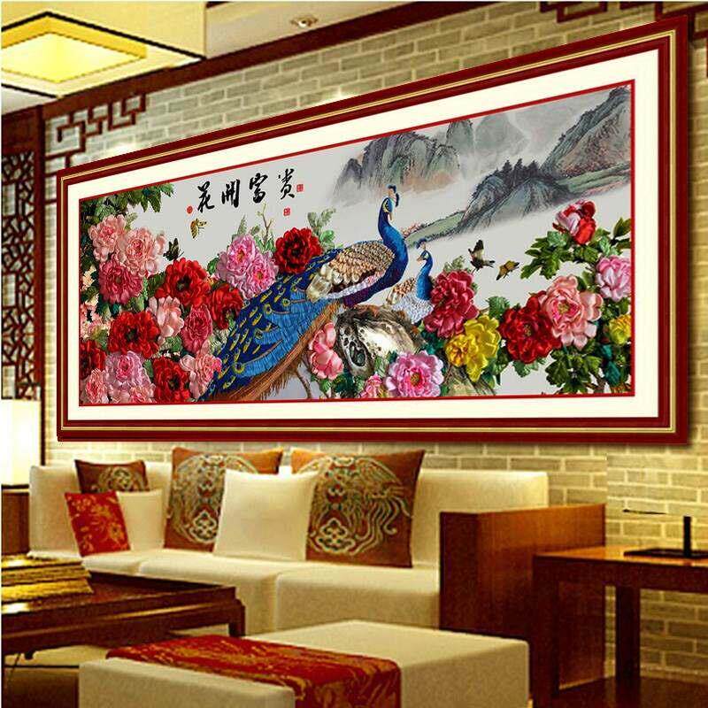 丝带绣挂画客厅大幅2米1花开富贵孔雀牡丹印花立体绣十字绣新款