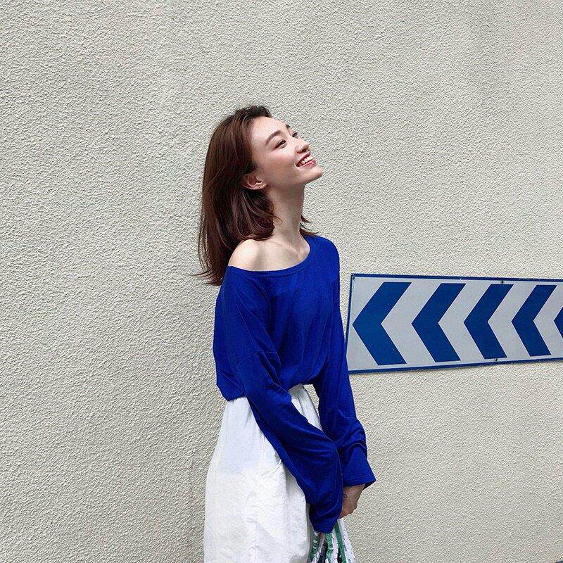 克莱因蓝长袖T恤女大领口面膜打底衫露肩一字斜肩莫代尔锁骨上衣