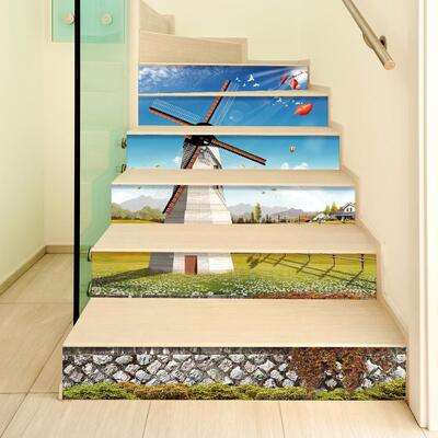 FOY简约创意田园风车自粘楼梯贴 防污美饰装化墙贴墙纸一套6片