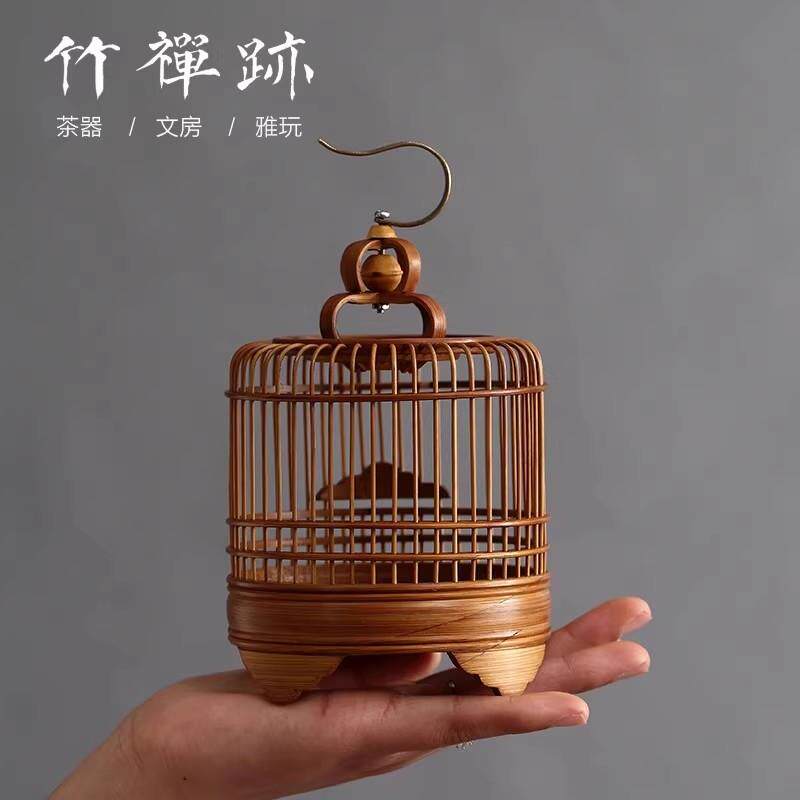 竹禅迹文玩袖珍竹鸟笼 把玩小件竹笼子 茶道茶宠 螽斯笼屋型鸟笼