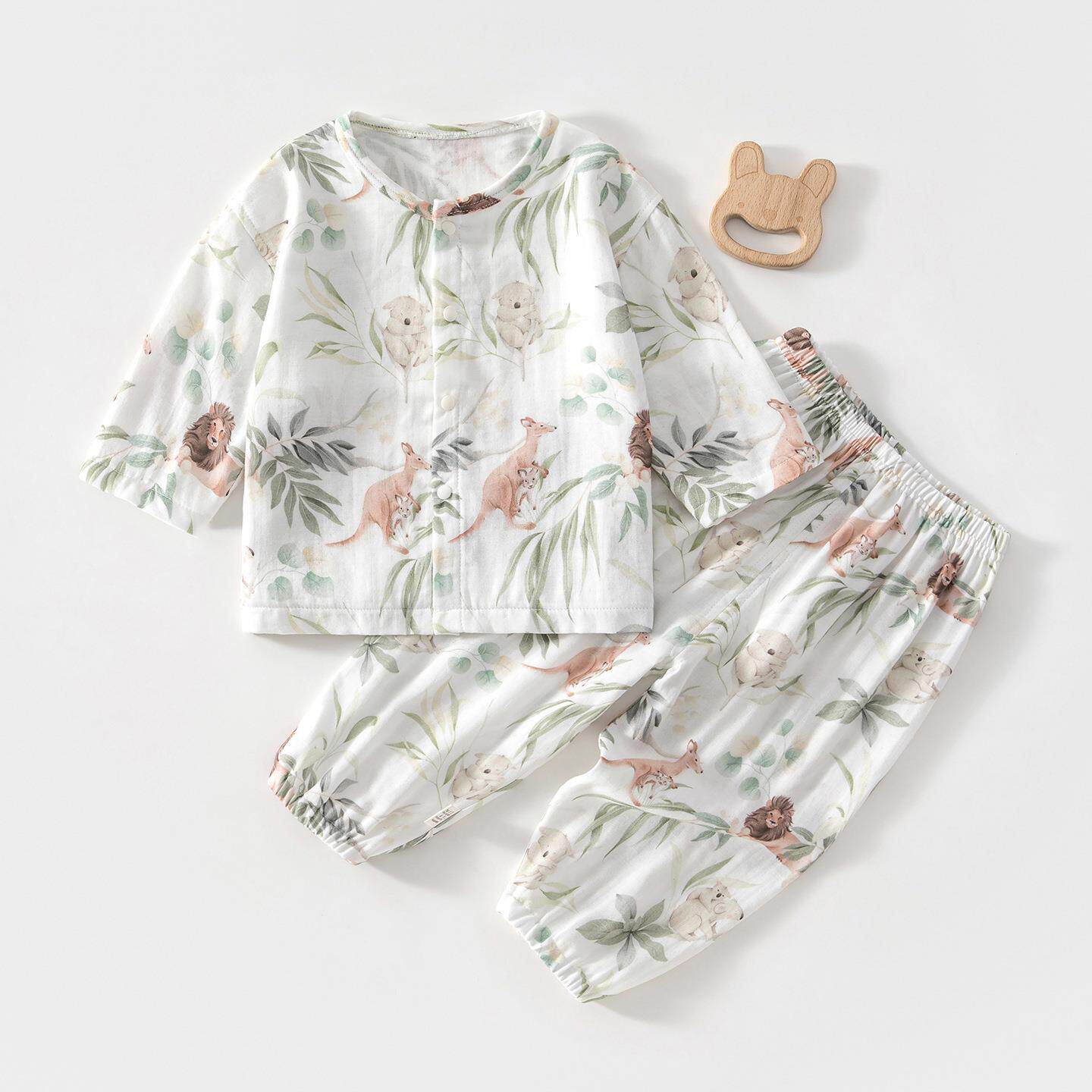 婴儿纱布套装宝宝家居服长袖竹纤维上衣裤子儿童夏季空调服男女童
