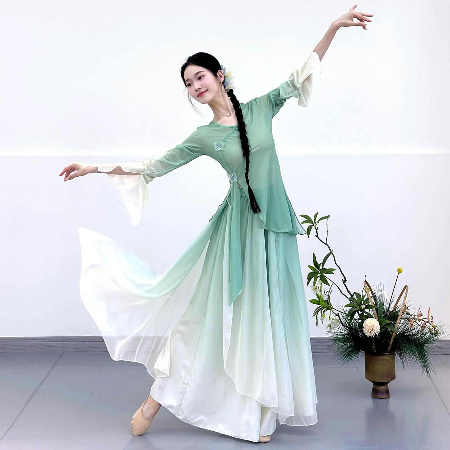 古典舞蹈服女身韵渐变纱衣飘逸练功服中国舞演出服装连衣裙表演服