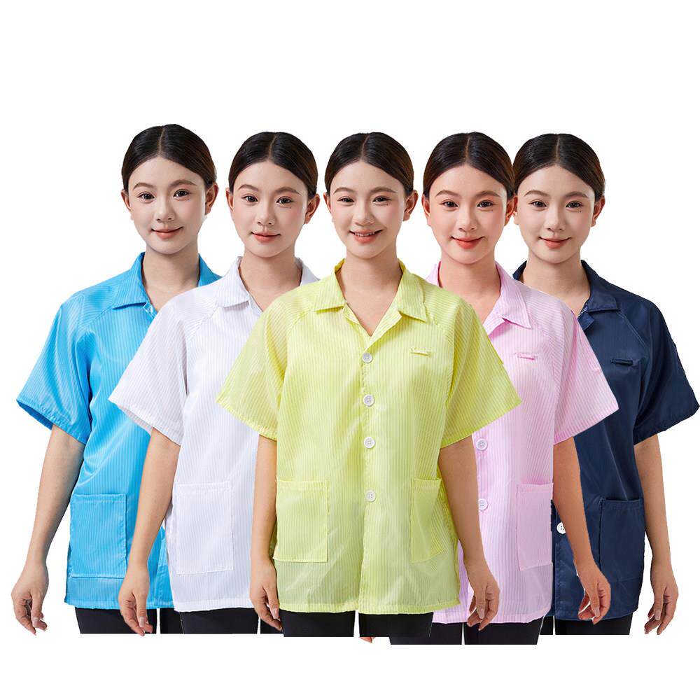 防静电条纹上衣纽扣短袖防尘服装数码工厂工作服夏季男女食品工厂