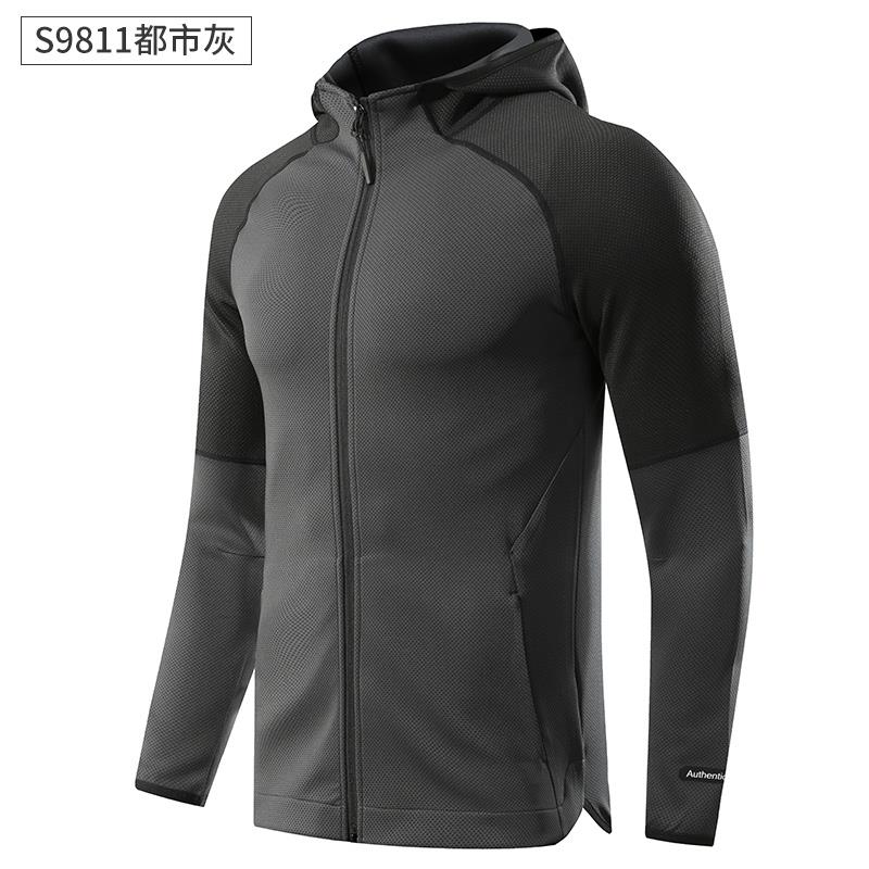 高档健服男步身骑行运动速干连外套春秋夏季长袖卫衣风跑帽衣训练