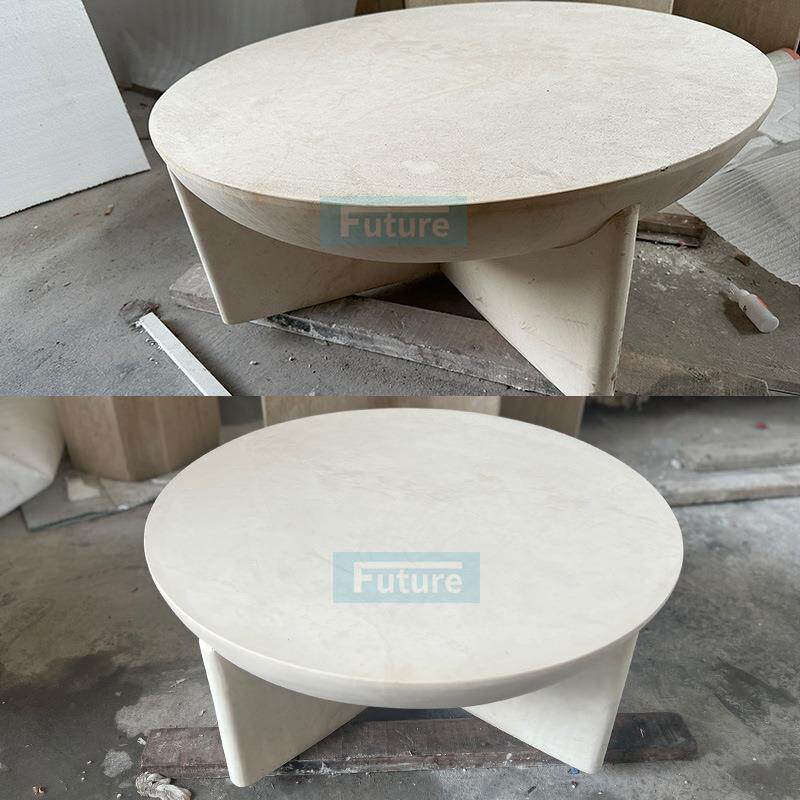 天然大理石白沙米黄圆形矮边几现代简约轻奢咖啡桌客厅茶几边几