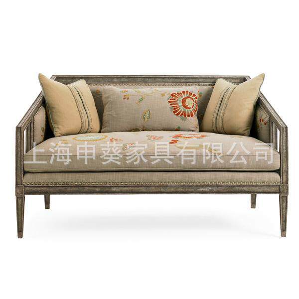 美式实木经典麻布布艺沙发橡木做旧客厅接待椅主卧躺椅家具制作