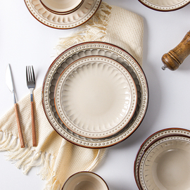 美式复古碗碟套装家用创意，饭碗平盘菜盘子欧式陶瓷，西餐盘餐具微瑕