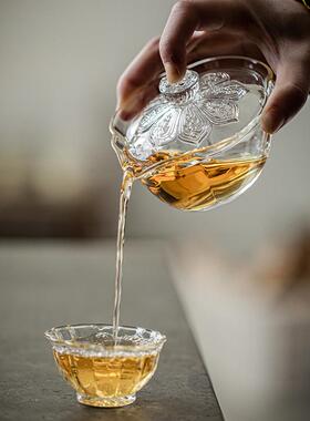 玻璃莲花盖碗二才盖碗手抓碗日式禅意茶杯单壶耐高温泡茶碗