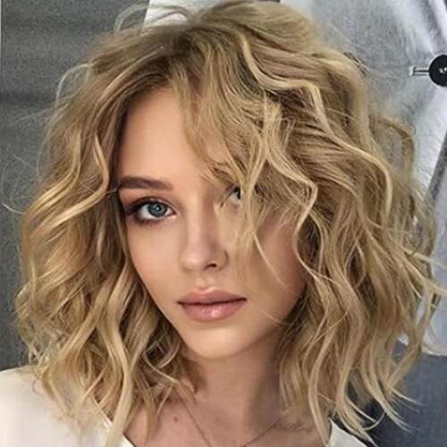 Wig for women, short curly hair, dyed gradient gold on the