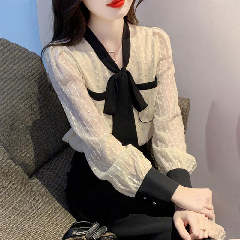 雪纺衬衫女长袖春秋季2025新款设计感小众撞色衬衣蝴蝶结系带上衣