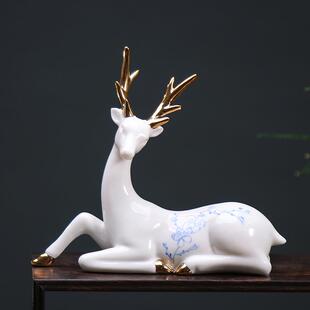 创意手工描金工艺陶瓷招财梅花小鹿家居装饰品一路平安车载小摆件