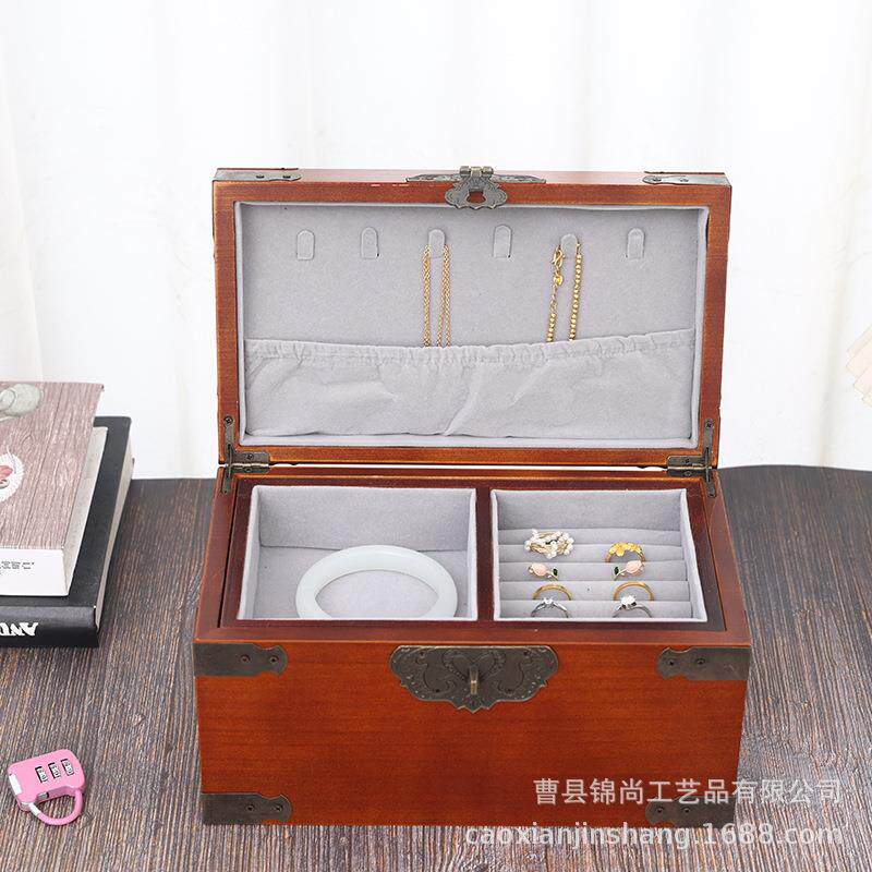 木质防尘收纳盒布袋款首饰盒饰品盒家用桌面翻盖式多格带锁收纳盒