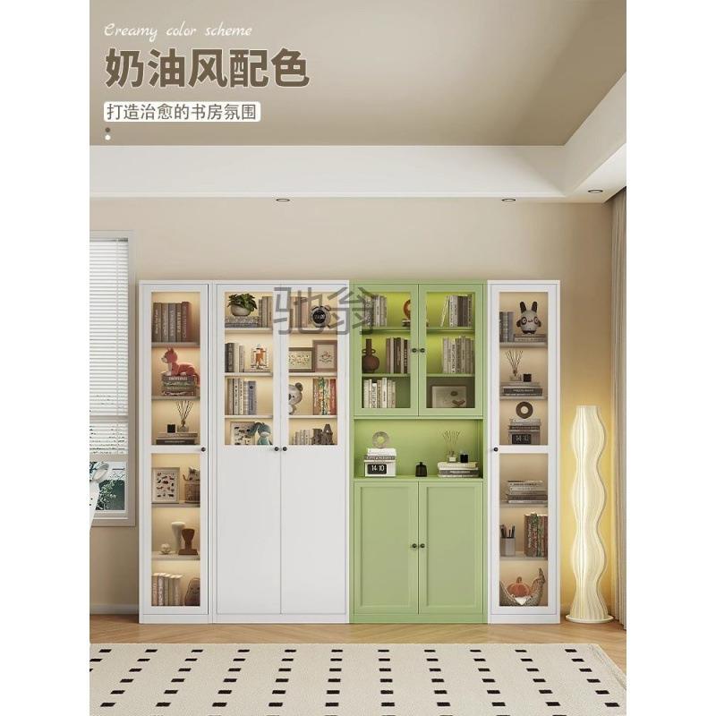 pq家用钢制书柜带玻璃门防尘书架铁艺置物柜客厅组合立柜落地展示