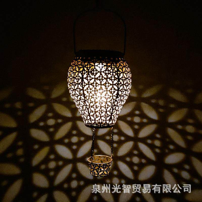 室外新款太阳能铁艺灯笼镂空热气球景观庭院灯户外花园装饰投光灯