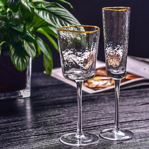 现简约金边红酒杯三角创意个性酒杯玻璃脚杯香槟杯起泡杯家用