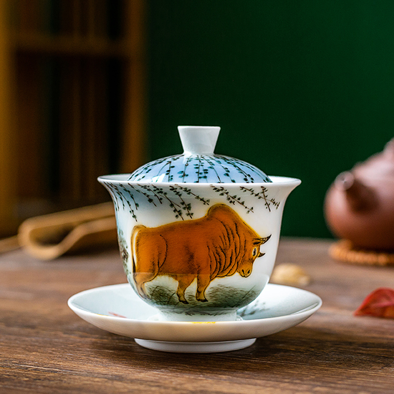 撕毛手绘生肖牛三才盖碗八旬国大师袁述凡主人杯茶杯轻奢茶器家用