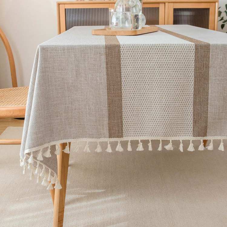 日式棉麻餐桌布长方形轻奢高级感文艺条纹现代简约茶几布盖布布艺