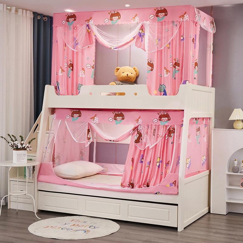 遮光子床蚊帐卡母儿童上0下铺纹帐2DOC25夏季家用三开通门文帐