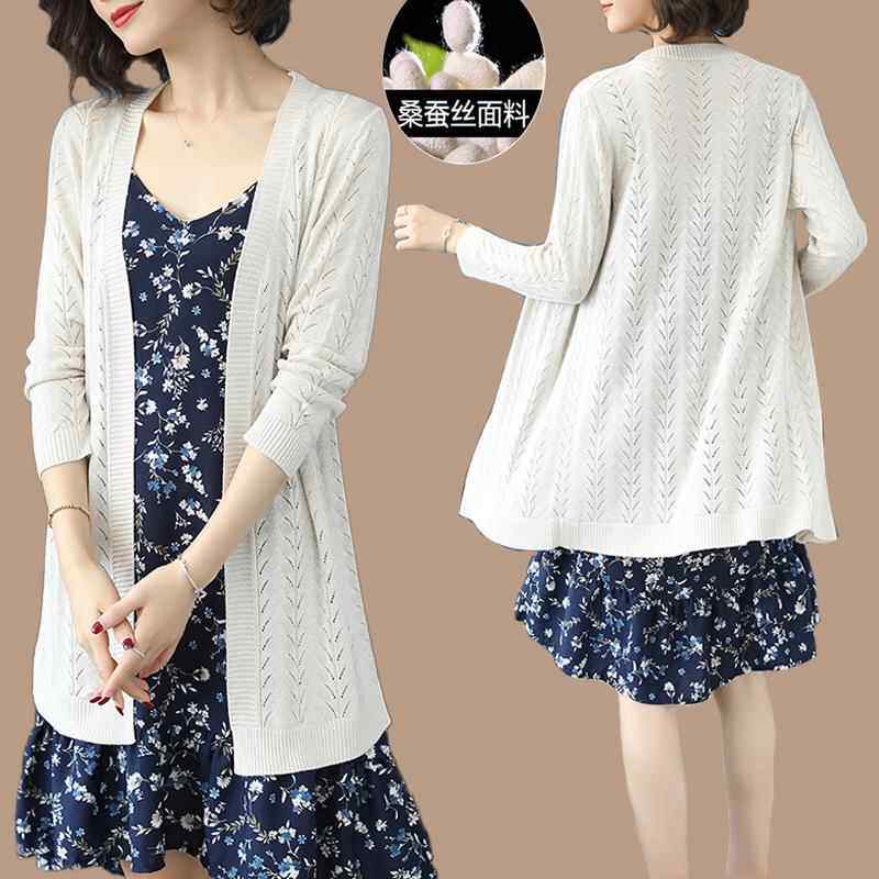 桑蚕丝针织开衫女外搭披肩中长版宽松显瘦镂空防晒衣外套薄款长袖