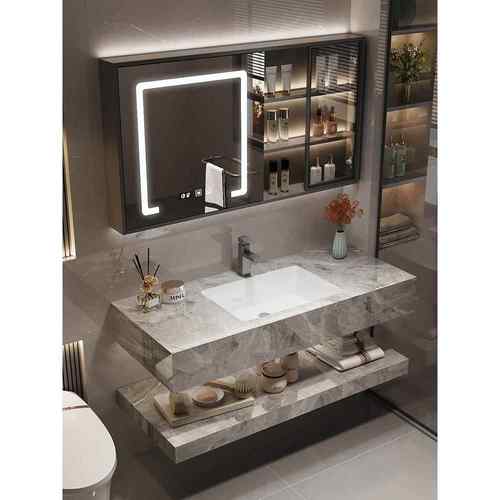 需定制卫生间浴室柜组合岩板酒店风陶瓷无缝一体盆洗漱台洗脸盆池