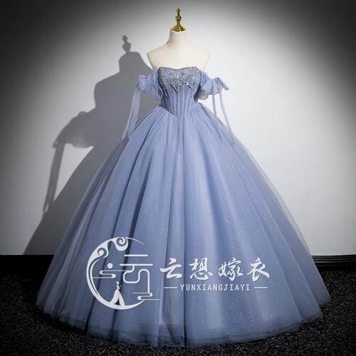 蓝色晚礼服高级感森系长裙高端主持人宴会美声艺考独唱婚纱公主裙